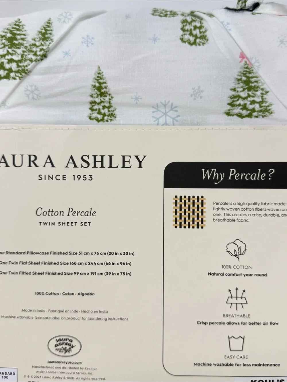 Laura Ashley Twin Size Sheet set Christmas Trees Bows Cotton Percale New